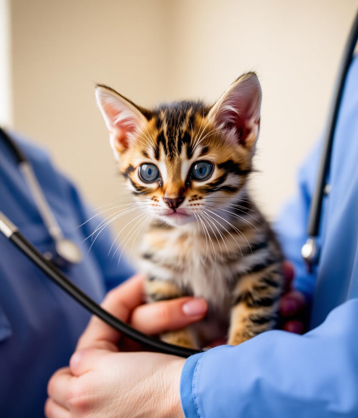 Veterinarian using a stethoscope on a kitten